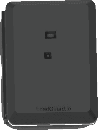 The LoadGuard device — a rugged, battery-powered enclosure with two front sensor ports that mounts onto a shipping container.