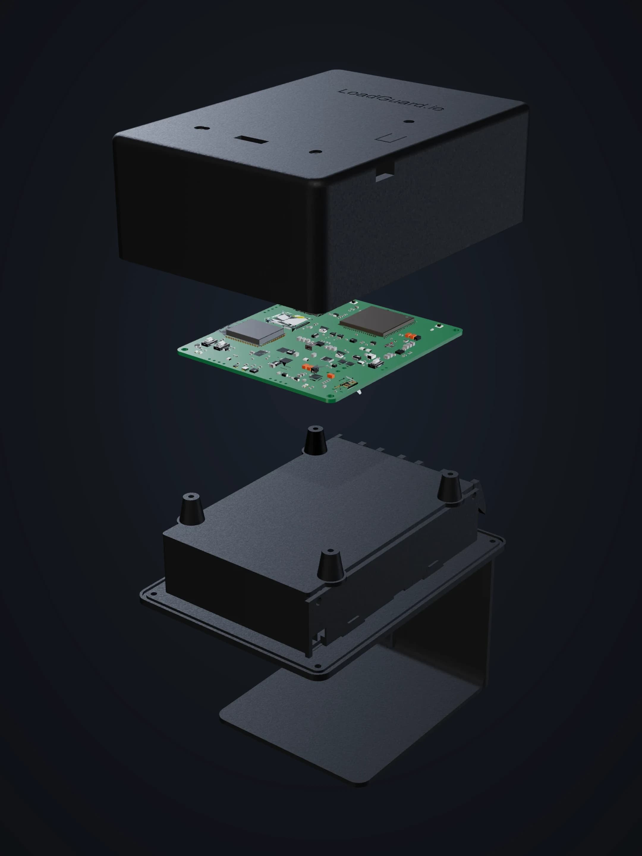 Exploded view of the uClamp assembly — enclosure, board, and cover